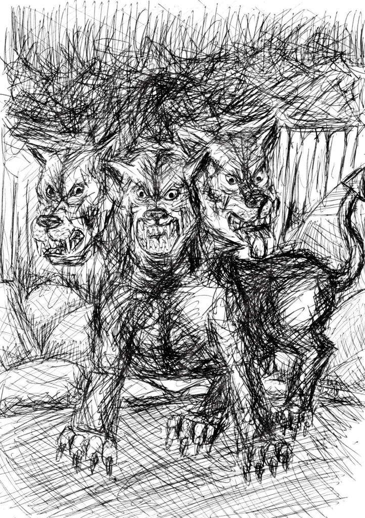 imagem de um cachorro com três cabeças em atitute nervosa e de ataque